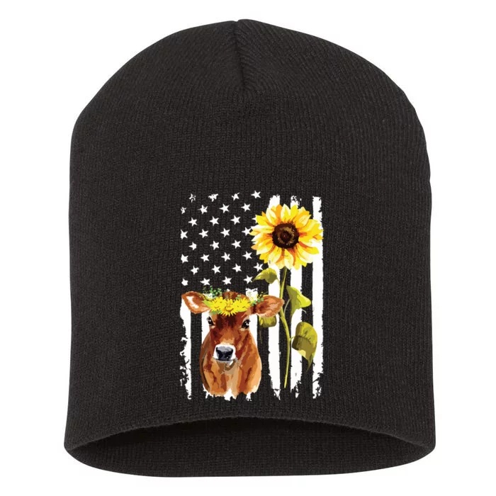 Cow USA Flag Sunflower Cow Lover Short Acrylic Beanie