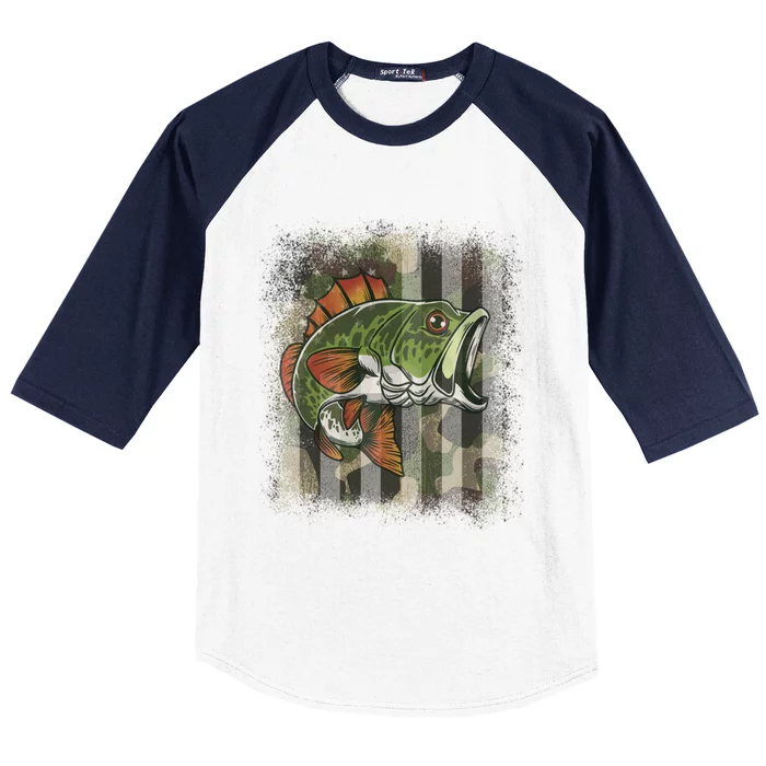 Camo Us Flag Bass Fishing Patriotic Fisher 4th Of July Gift Baseball Sleeve Shirt