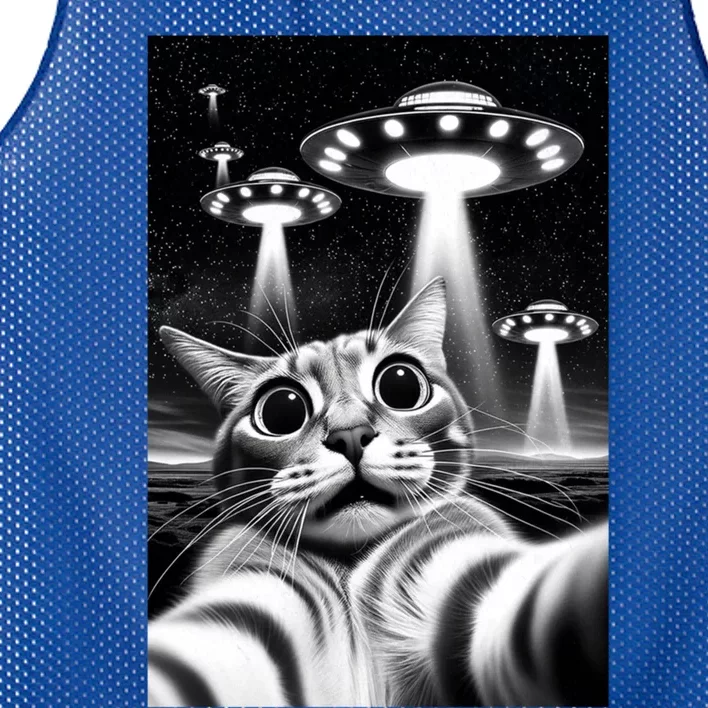 Cat Ufo Funny Invasion Meme Retro Alien Cat Ufo Selfie Cute Gift Mesh Reversible Basketball Jersey Tank