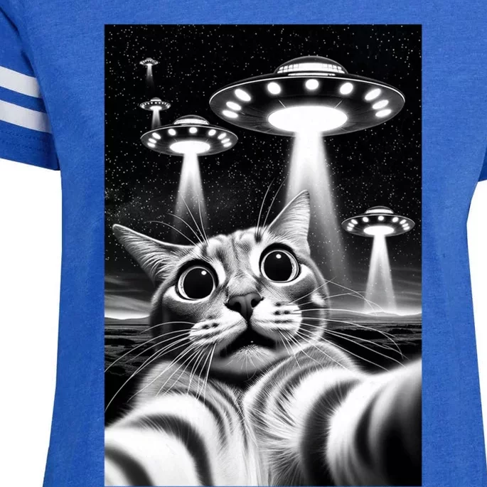 Cat Ufo Funny Invasion Meme Retro Alien Cat Ufo Selfie Cute Gift Enza Ladies Jersey Football T-Shirt