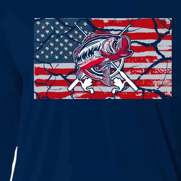 Cool Usa Flag With Fish Retro Design Cooling Performance Long Sleeve Crew