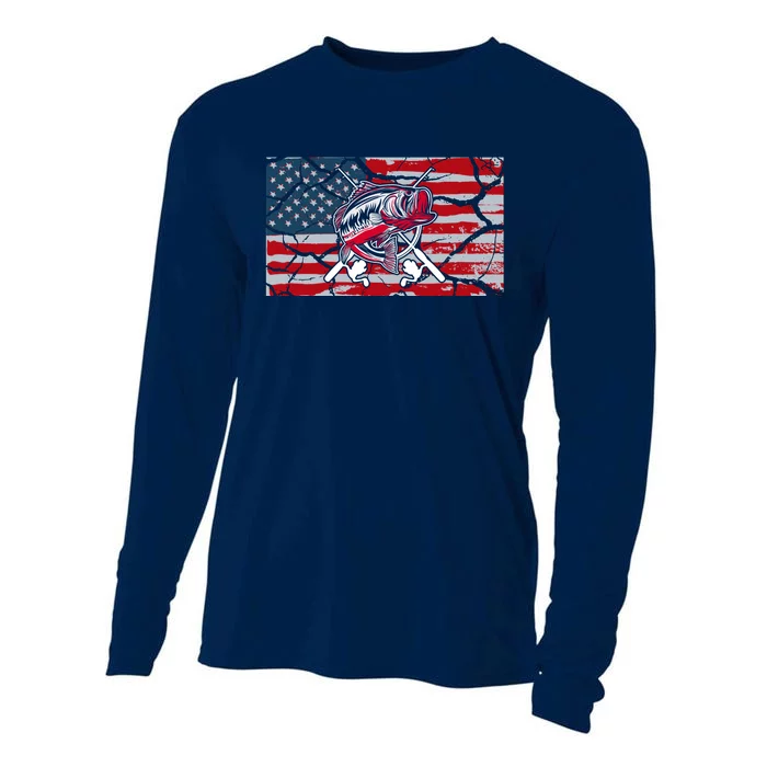 Cool Usa Flag With Fish Retro Design Cooling Performance Long Sleeve Crew