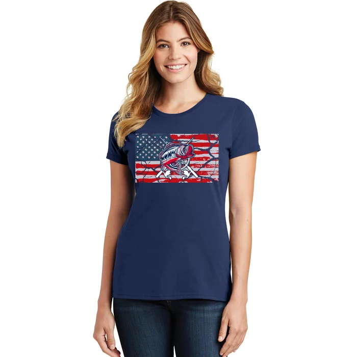 Cool Usa Flag With Fish Retro Design Women's T-Shirt