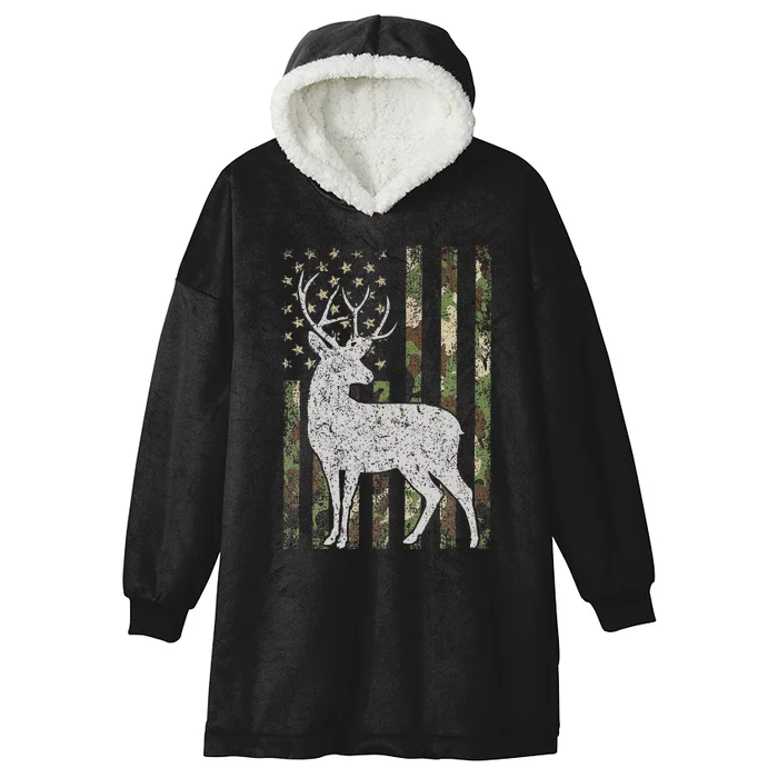 Camo Usa Flag Deer Elk Buck Camoflage Hunting Hunter Gift Hooded Wearable Blanket