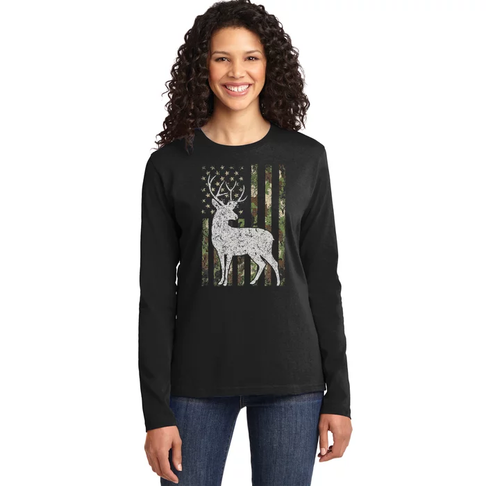 Camo Usa Flag Deer Elk Buck Camoflage Hunting Hunter Gift Ladies Long Sleeve Shirt