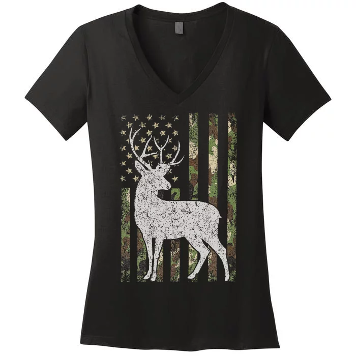 Camo Usa Flag Deer Elk Buck Camoflage Hunting Hunter Gift Women's V-Neck T-Shirt