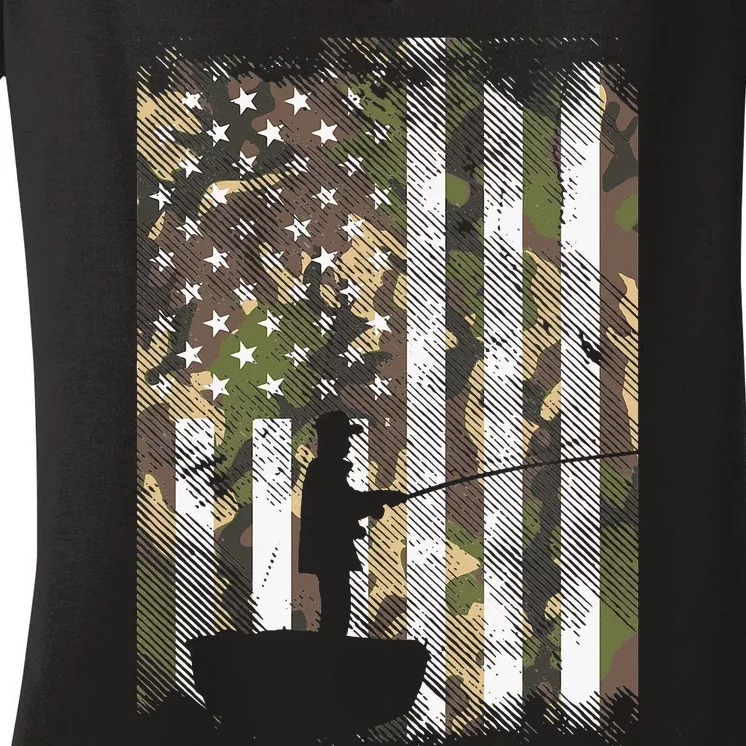 Camo US Flag Fisherman Vintage Fishing Patriotic Angler Gift Women's V-Neck  T-Shirt