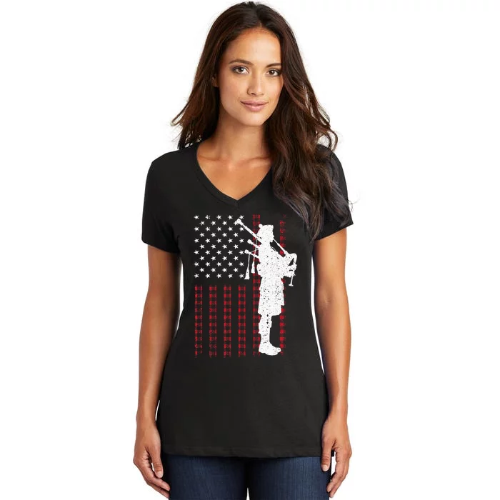 Cool Us Flag Bagpiper Design Bagpipe Players Women's V-Neck T-Shirt