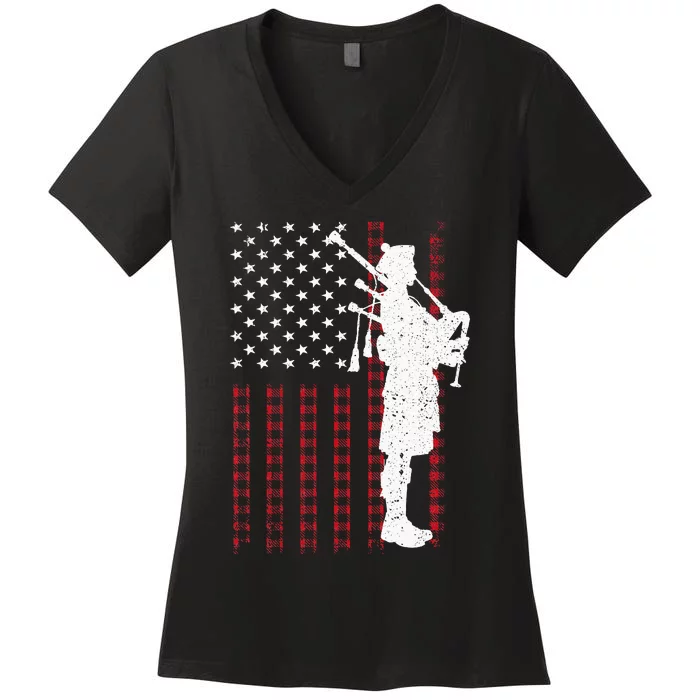 Cool Us Flag Bagpiper Design Bagpipe Players Women's V-Neck T-Shirt