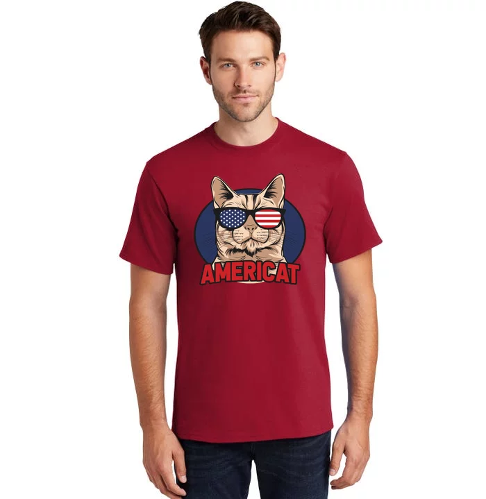 Cat US Flag Sunglasses Americat Cool 4th Of July Cat Tall T-Shirt