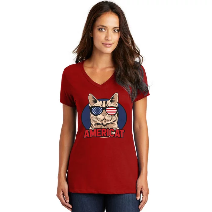 Cat US Flag Sunglasses Americat Cool 4th Of July Cat Women's V-Neck T-Shirt