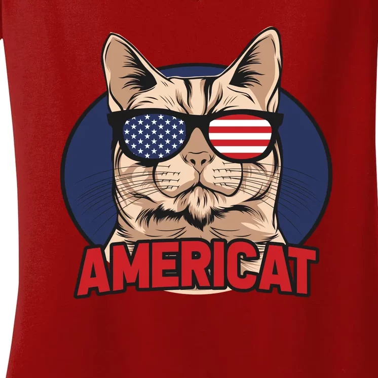 Cat US Flag Sunglasses Americat Cool 4th Of July Cat Women's V-Neck T-Shirt