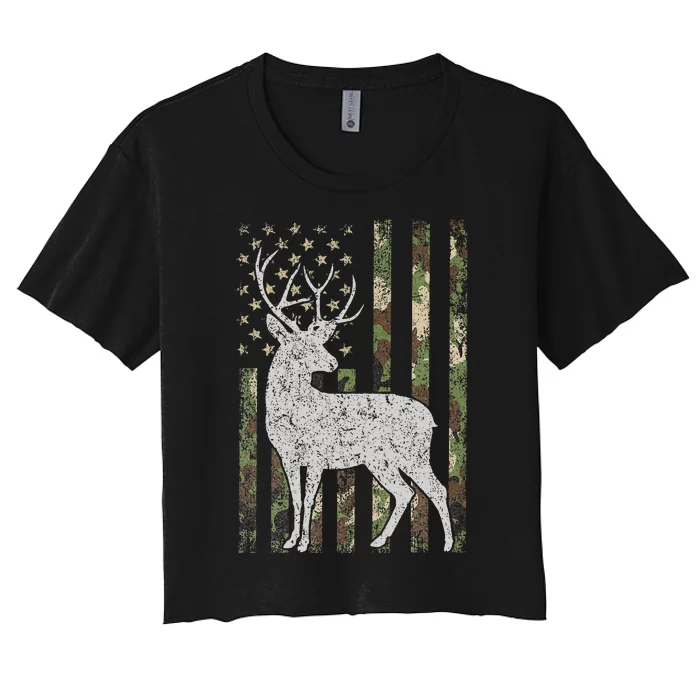 Camo Usa Flag Deer Elk Buck Camoflage Hunting Hunter Gift Women's Crop Top Tee