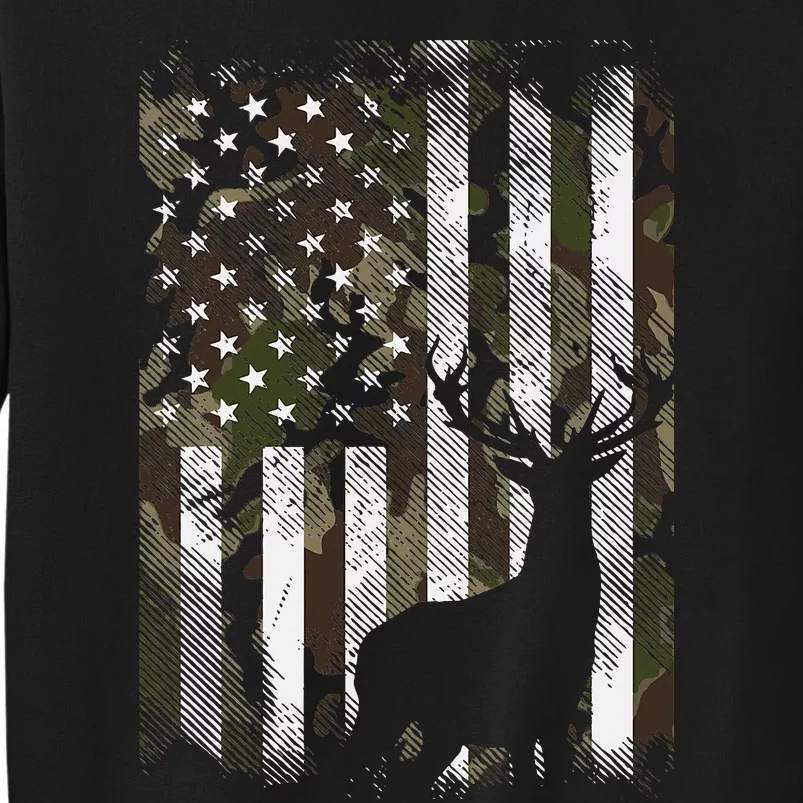 Camo Us Flag Deer Elk Buck Camoflage Hunting Hunter Dad Gift Short Sleeve Tall Sweatshirt