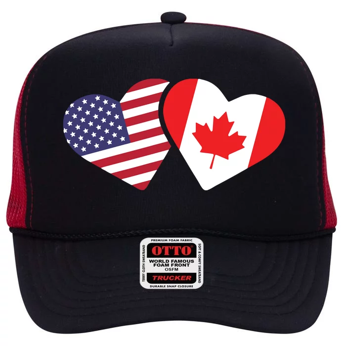 Canada USA Flag Heart Canadian Americans Love Cute High Crown Mesh Trucker Hat