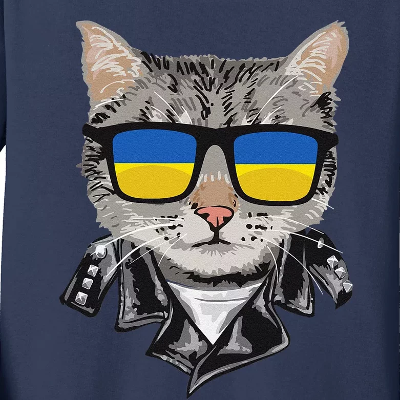 Cat Ukraine Flag Sunglasses Cool Ukrainian Cat Kids Long Sleeve Shirt