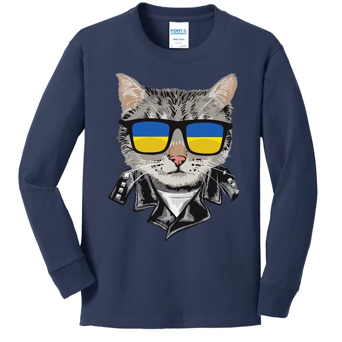 Cat Ukraine Flag Sunglasses Cool Ukrainian Cat Kids Long Sleeve Shirt