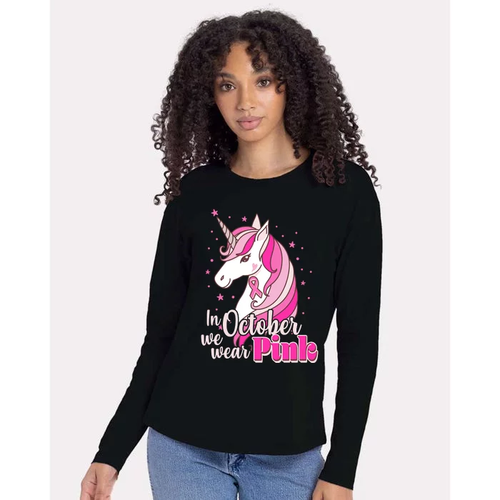 Cute Unicorn In October We Wear Pink Breast Cancer Awareness Womens Cotton Relaxed Long Sleeve T-Shirt