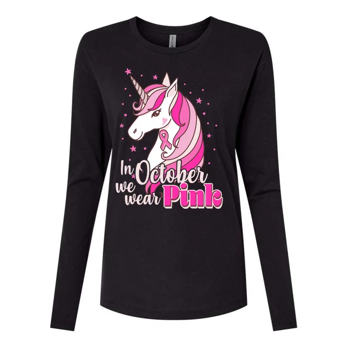 Cute Unicorn In October We Wear Pink Breast Cancer Awareness Womens Cotton Relaxed Long Sleeve T-Shirt