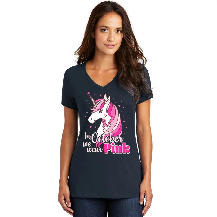 Cute Unicorn In October We Wear Pink Breast Cancer Awareness Women's V-Neck T-Shirt