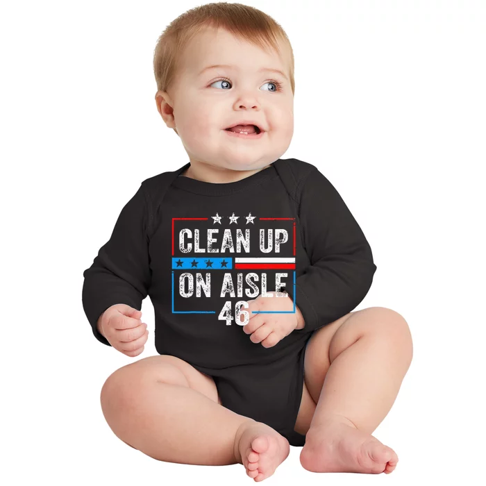 Clean Up On Aisle 46 Impeach Biden Political US America Flag Baby Long Sleeve Bodysuit