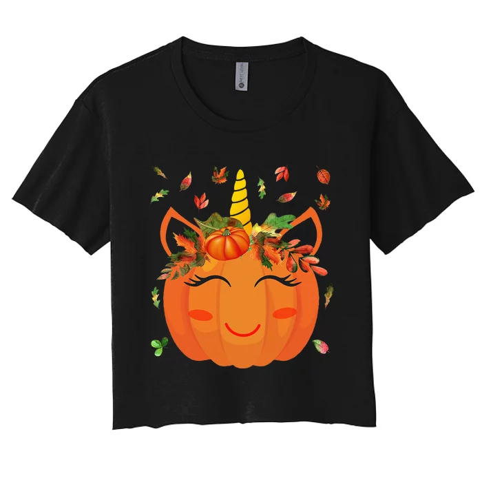 Cute Unicorn Pumpkin Halloween Thanksgiving Women's Crop Top Tee