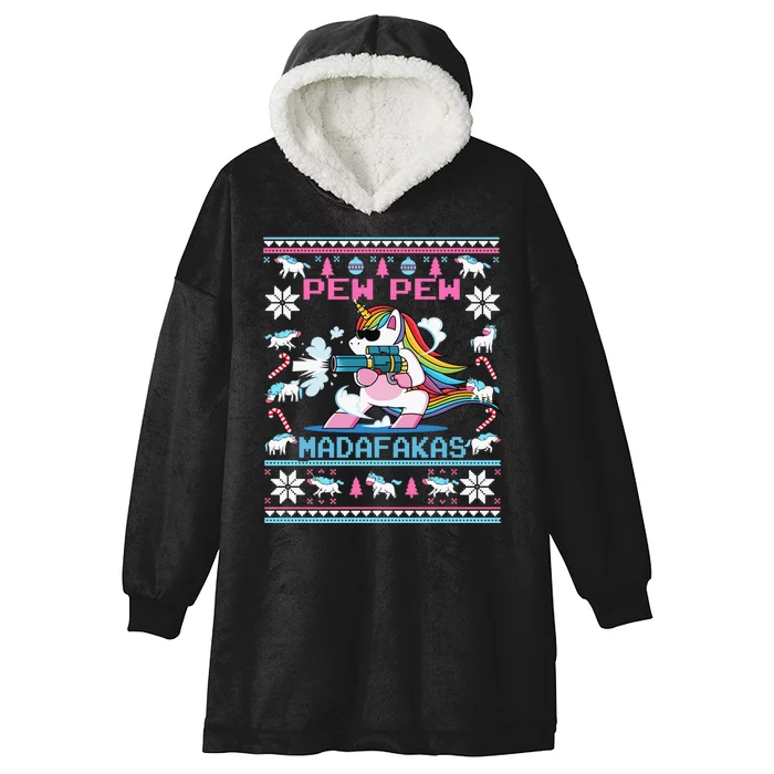 Cute Unicorn Pew Pew Madafakas Ugly Christmas Hooded Wearable Blanket