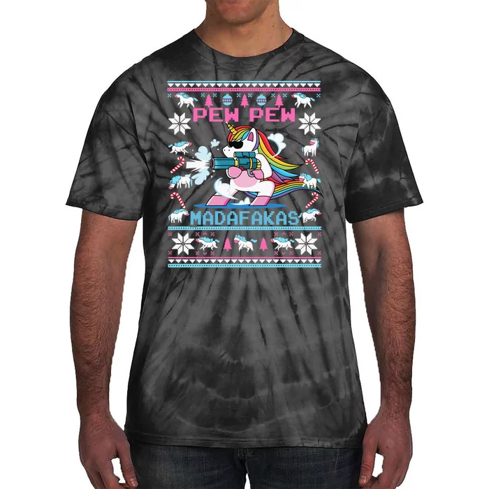 Cute Unicorn Pew Pew Madafakas Ugly Christmas Tie-Dye T-Shirt