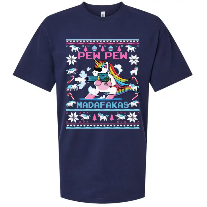 Cute Unicorn Pew Pew Madafakas Ugly Christmas Sueded Cloud Jersey T-Shirt