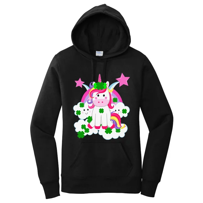 Cute Unicorn Rainbow Clouds & Stars St Patrick's Day Women's Pullover Hoodie