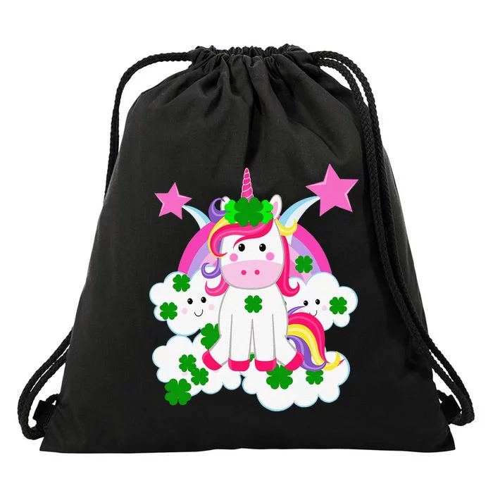 Cute Unicorn Rainbow Clouds & Stars St Patrick's Day Drawstring Bag