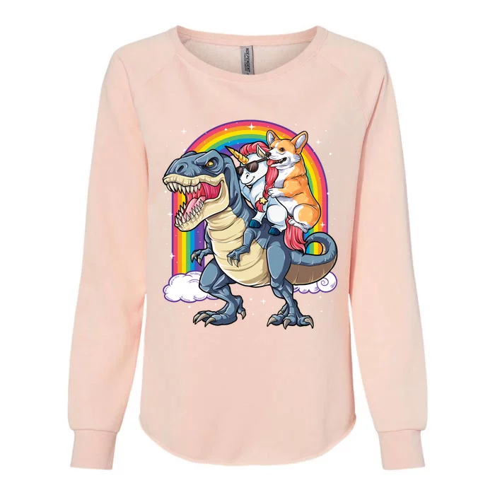 Corgi Unicorn Riding Dinosaur T Rex Funny Gift Rainbow Cool Gift Womens California Wash Sweatshirt