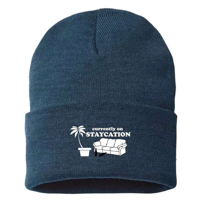 Currently On Staycation Funny Vacation Sustainable Knit Beanie