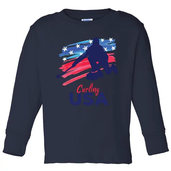 Curling USA Support The USA Flag Curl Clean Toddler Long Sleeve Shirt