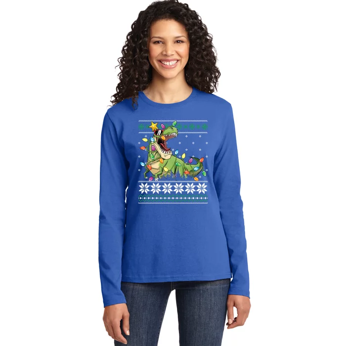 Christmas Ugly Sweater Tree Rex Funny Dinosaur Gift Ladies Long Sleeve Shirt