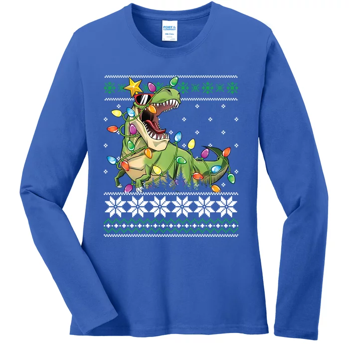 Christmas Ugly Sweater Tree Rex Funny Dinosaur Gift Ladies Long Sleeve Shirt