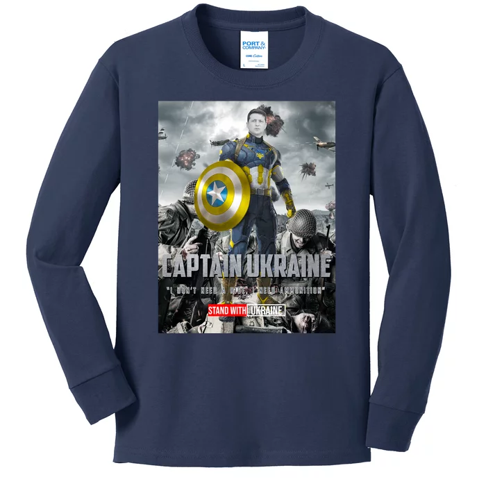 Captain Ukraine Stand With Zelenskyy I Dont Need A Ride Ammo Army Kids Long Sleeve Shirt