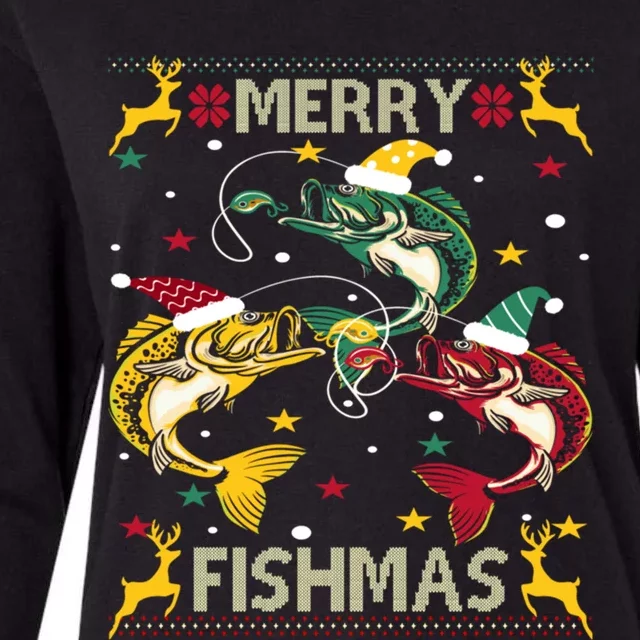 Christmas Ugly Sweater Merry Fishmas Funny Angler Gift Womens Cotton Relaxed Long Sleeve T-Shirt