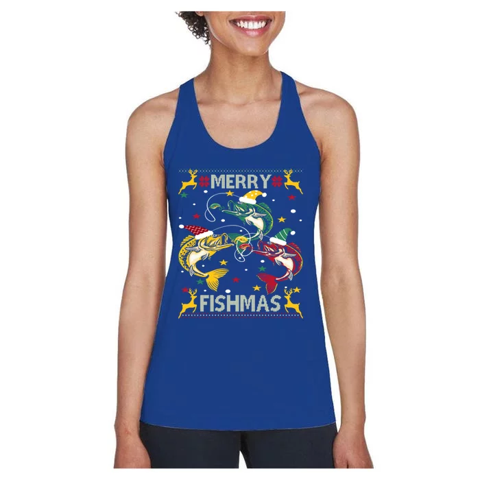 Christmas Ugly Sweater Merry Fishmas Funny Angler Gift Women's Racerback Tank