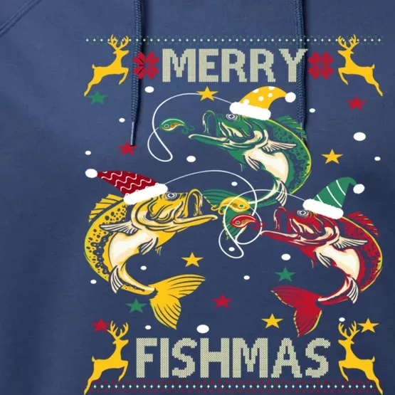 Christmas Ugly Sweater Merry Fishmas Funny Angler Gift Performance Fleece Hoodie