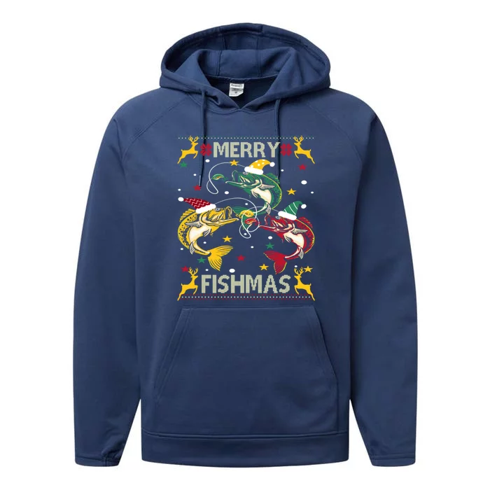 Christmas Ugly Sweater Merry Fishmas Funny Angler Gift Performance Fleece Hoodie