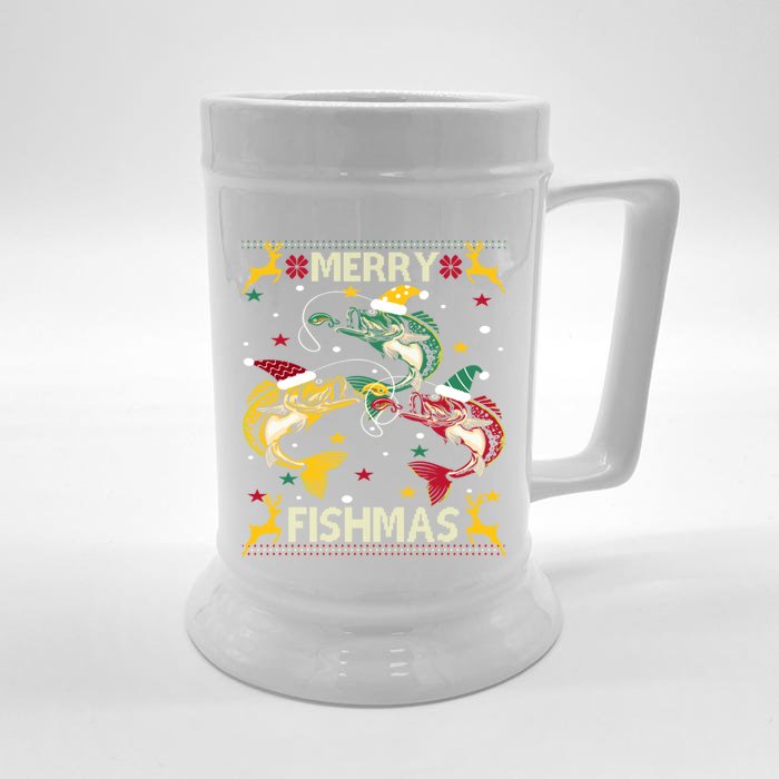 Christmas Ugly Sweater Merry Fishmas Funny Angler Gift Front & Back Beer Stein