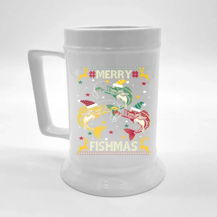 Christmas Ugly Sweater Merry Fishmas Funny Angler Gift Front & Back Beer Stein