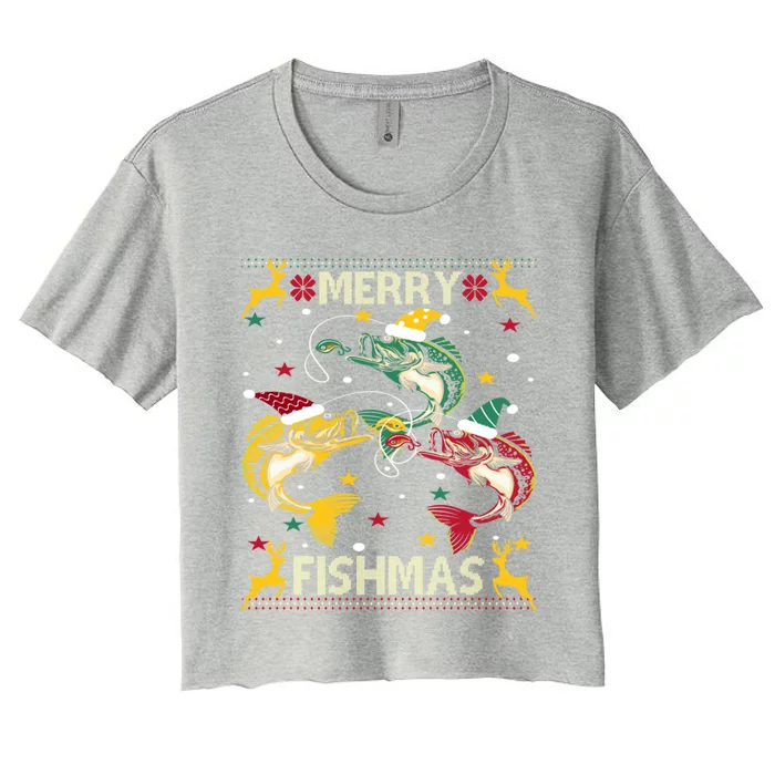 Christmas Ugly Sweater Merry Fishmas Funny Angler Meaningful Gift Women's Crop Top Tee