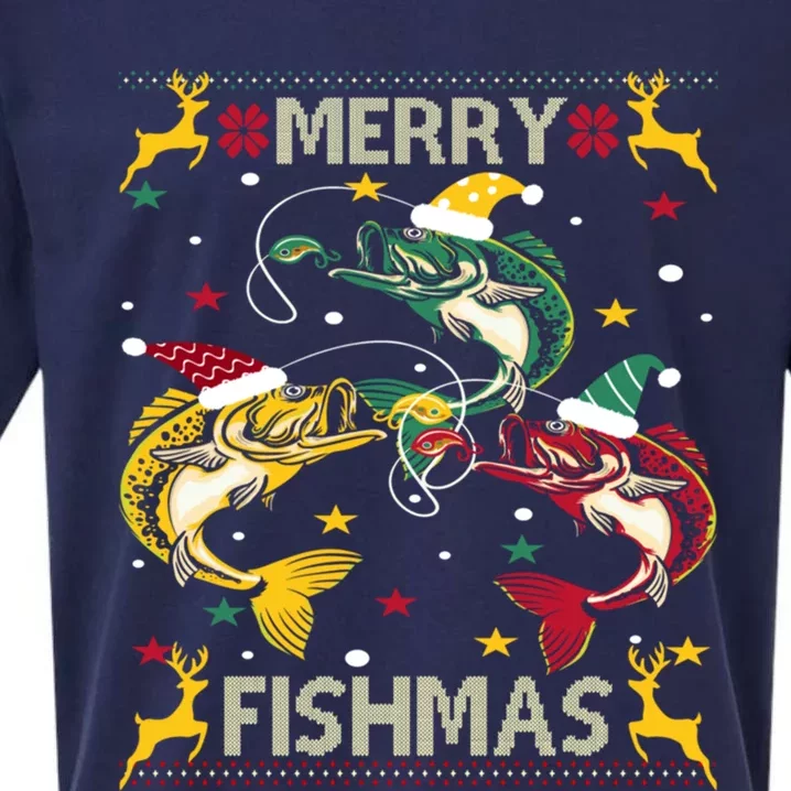 Christmas Ugly Sweater Merry Fishmas Funny Angler Meaningful Gift Sueded Cloud Jersey T-Shirt