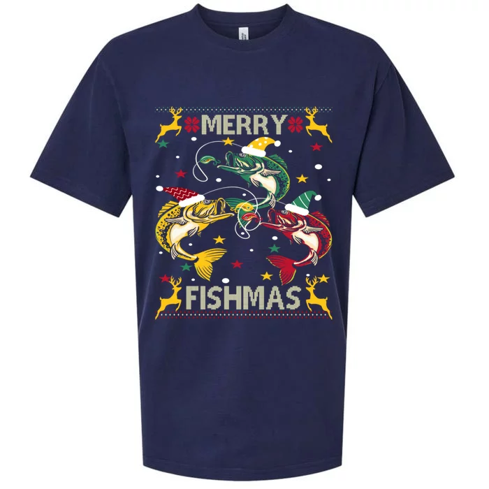 Christmas Ugly Sweater Merry Fishmas Funny Angler Meaningful Gift Sueded Cloud Jersey T-Shirt