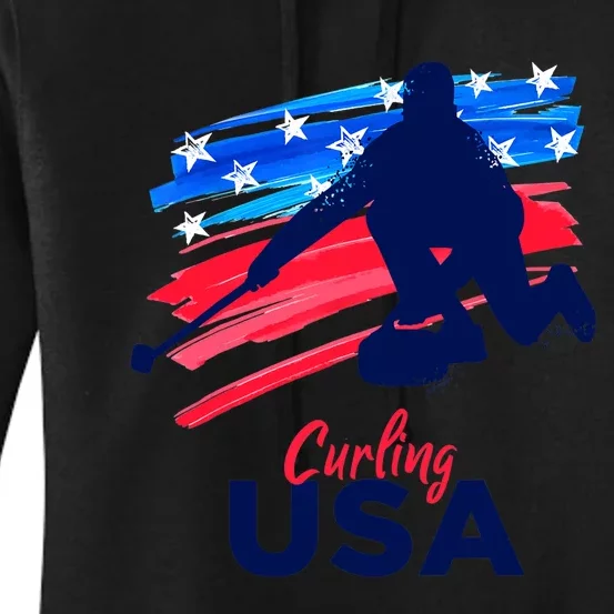 Curling USA Support The Team USA Flag Curl Clean Women's Pullover Hoodie