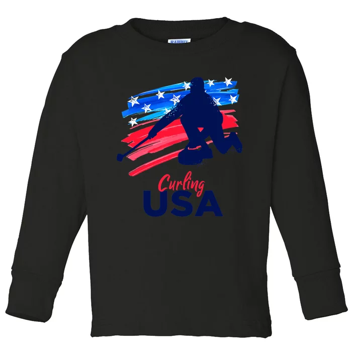 Curling USA Support The Team USA Flag Curl Clean Toddler Long Sleeve Shirt