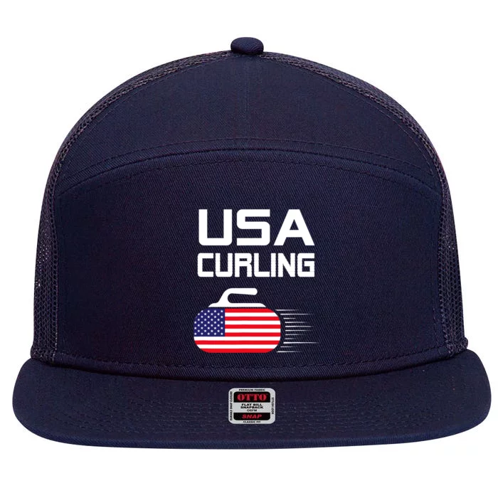 Curling USA Support Team American Flag Winter Sports Lovers 7 Panel Mesh Trucker Snapback Hat