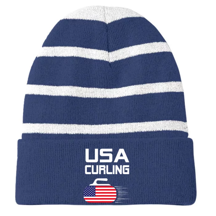 Curling USA Support Team American Flag Winter Sports Lovers Striped Beanie with Solid Band